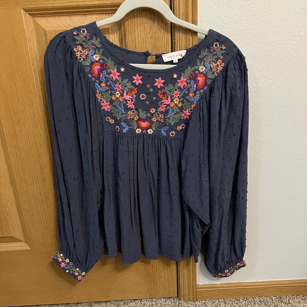 Solitaire Navy Floral Embroidered Blouse - Size S